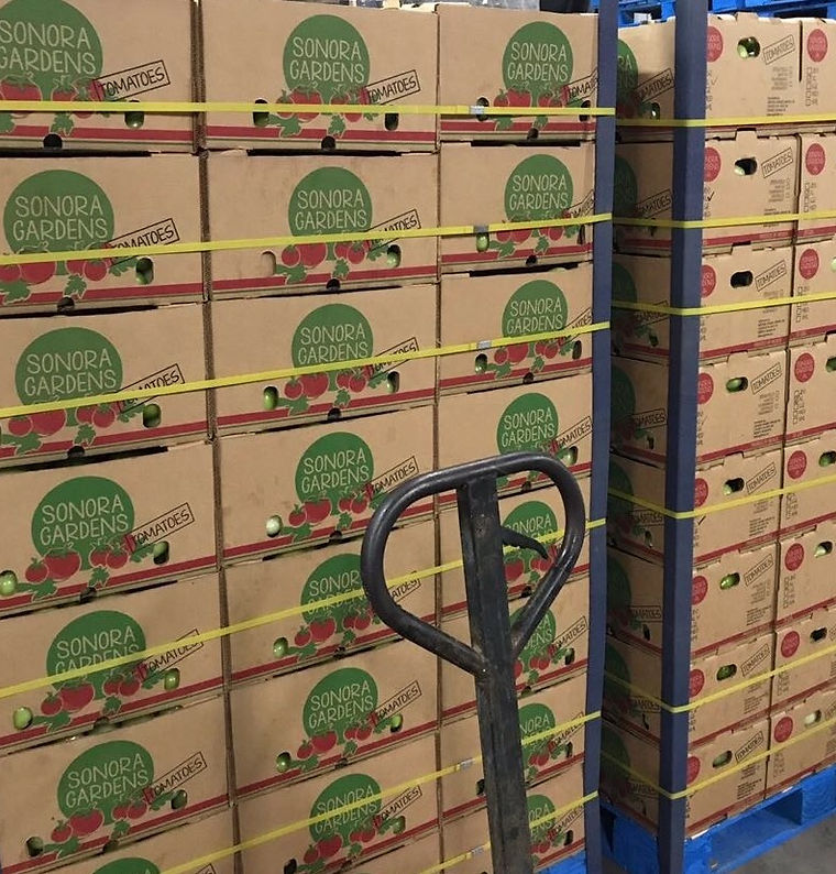 A pallet of Sonora Gardens tomato cartons