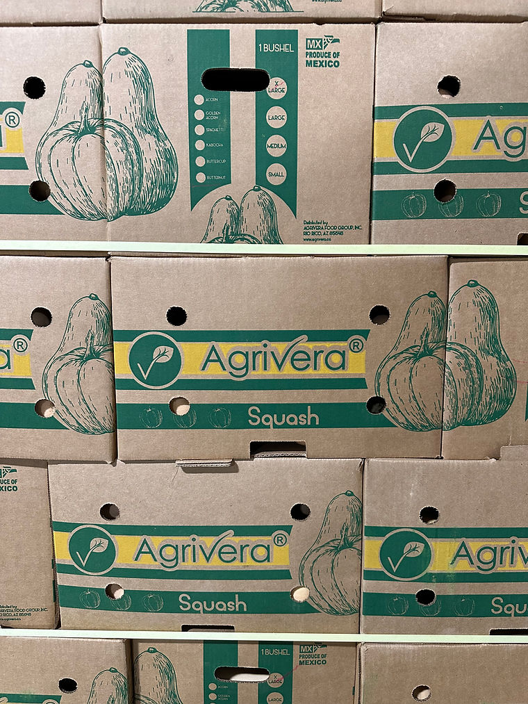 Agrivera-branded squash cartons stacked on a pallet
