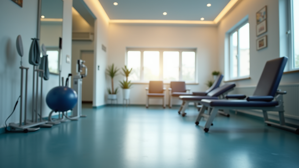 Eye-level view of a physiotherapy clinic with exercise equipment
