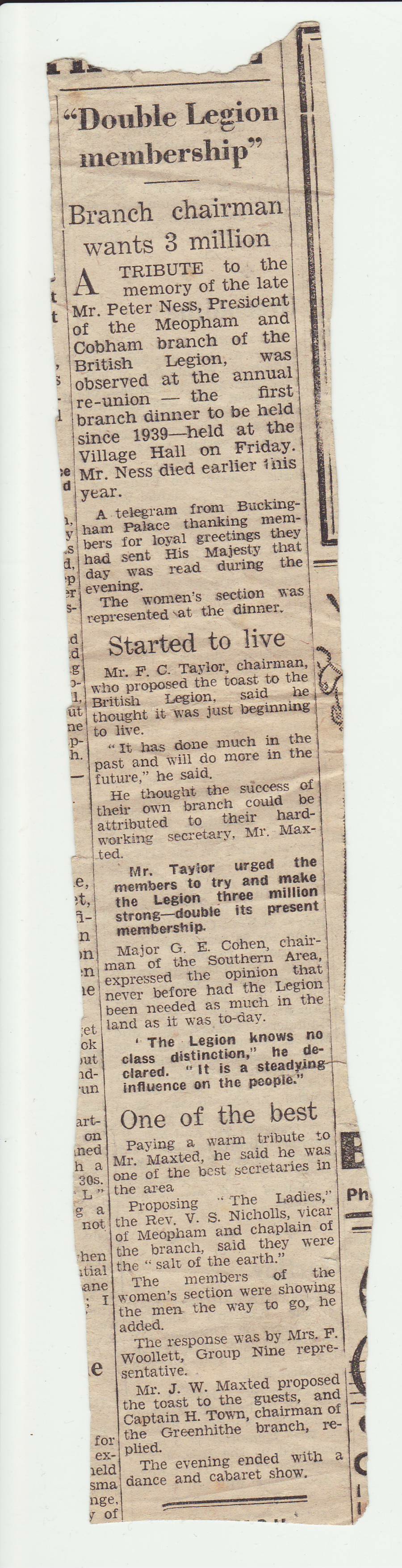 Newspaper cutting British Legion Mem