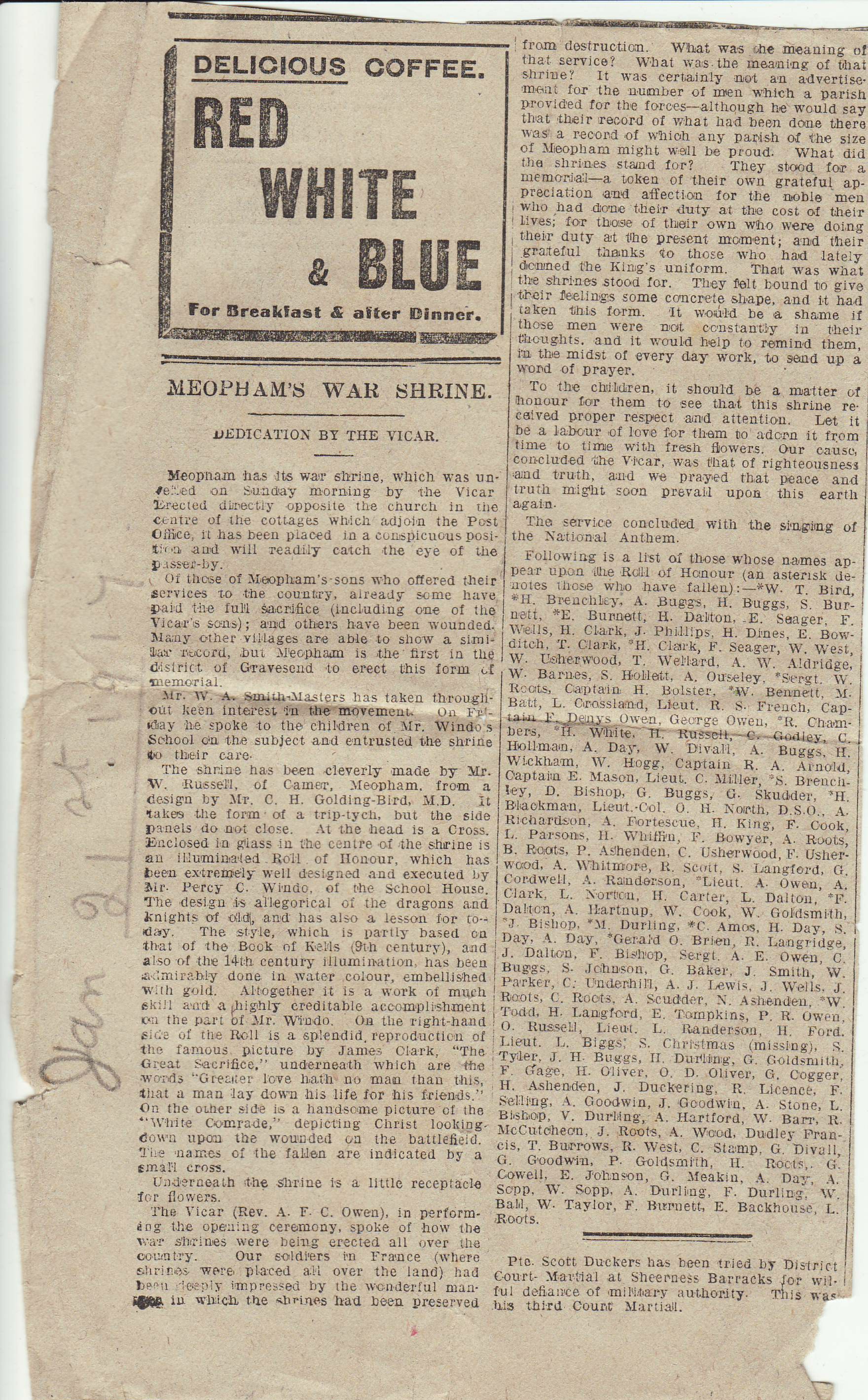 Newspaper article about a war shrine