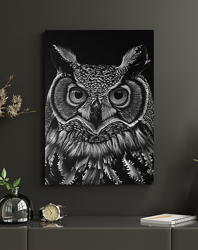 Illustration originale d'un Grand-Duc. Dessin réalisé au pastel sec blanc sur noir