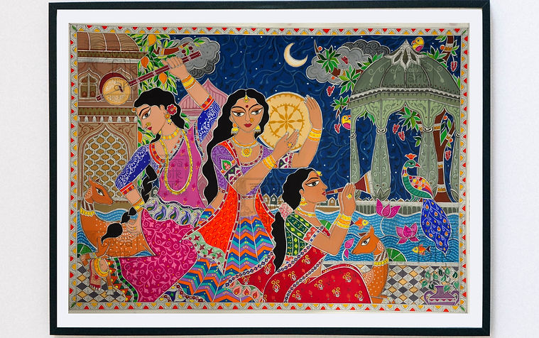 A Musical Night in Madhubani folk art style.