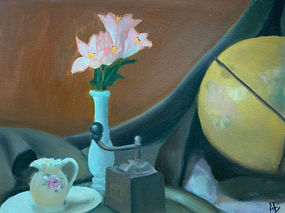 flower, globe, creamer, rose, grinder, still life, oil painting