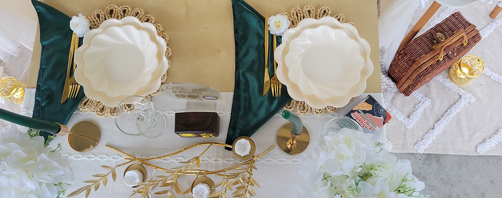 Elegant luxury picnic setup with white plates and gold accents by MickNics Maryland