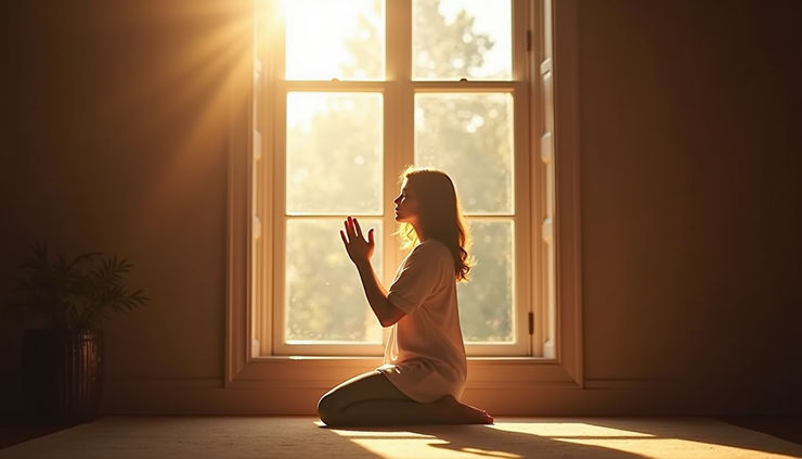 Eye-level view of a woman kneeling in prayer by a window with soft sunlight