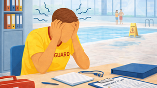 Lifeguard sitting at a desk with their face in their hands, representing workplace stress, psychosocial hazards and workforce pressures in the aquatic industry.