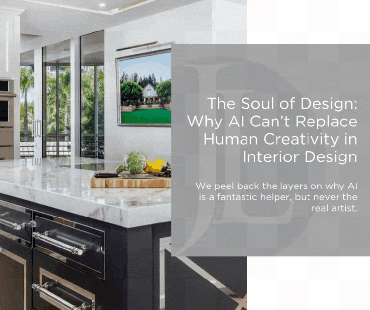 Modern kitchen with marble countertops, fruit bowl, and large windows. Text: "The Soul of Design: Why AI Can’t Replace Human Creativity in Interior Design."