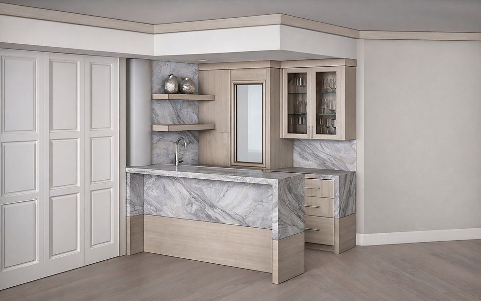 Interior design rendering of a custom built-in bar with light wood cabinetry, gray stone surfaces, glass display cabinets, and integrated shelving in a refined residential space