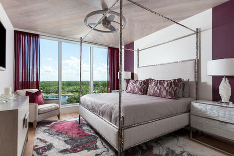 a bedroom vintage and modern twist eclectic design, bold patterns, vibrant accents, Kalea Bay Naples FL