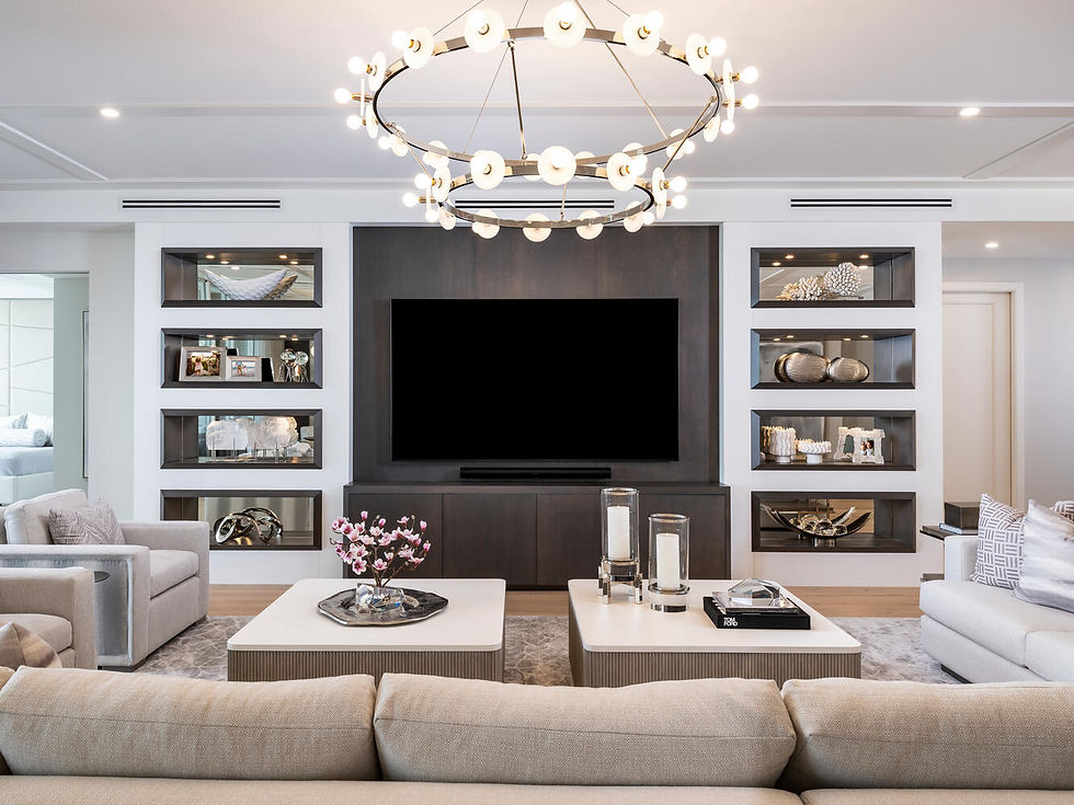 Wide angle view of a coastal living room with elegant decor