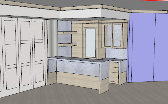 Interior design rendering of a custom bar area with stone countertop, light wood cabinetry, and integrated shelving