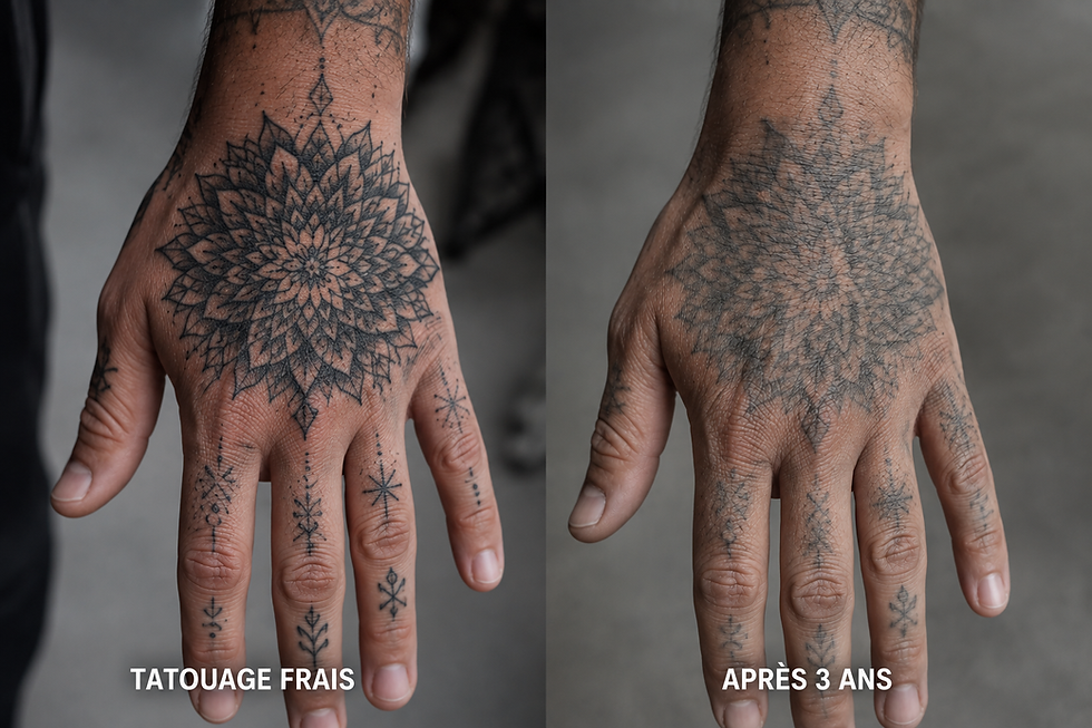 Photographie réaliste comparant l’évolution d’un tatouage sur la main. À gauche, un tatouage noir récent aux lignes nettes sur le dos de la main. À droite, le même tatouage plusieurs années plus tard, avec des contours élargis, un encrage estompé et une perte de définition. Illustration du vieillissement des tatouages sur les mains et de leur usure liée à l’exposition quotidienne.