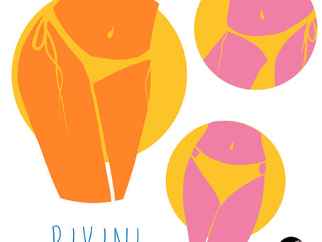 bas de maillot de bain jaunes (styles bikini et thong). Le design graphique utilise des aplats de couleurs vives, orange et rose, sur un fond blanc agrémenté de cercles jaunes. Le mot « BIKINI » est partiellement visible en bas de l'image. Ce visuel artistique est idéal pour illustrer des thématiques liées à la mode balnéaire, au prêt-à-porter ou au design graphique contemporain.
