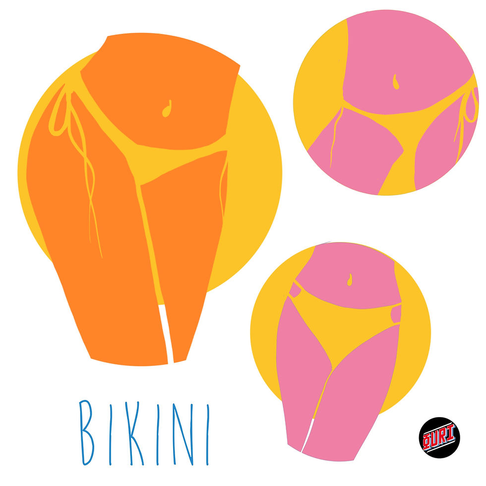 bas de maillot de bain jaunes (styles bikini et thong). Le design graphique utilise des aplats de couleurs vives, orange et rose, sur un fond blanc agrémenté de cercles jaunes. Le mot « BIKINI » est partiellement visible en bas de l'image. Ce visuel artistique est idéal pour illustrer des thématiques liées à la mode balnéaire, au prêt-à-porter ou au design graphique contemporain.