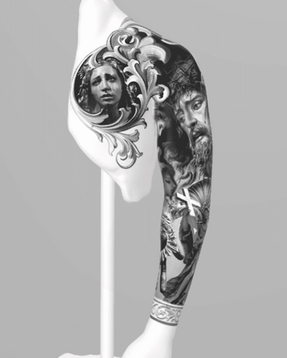 A Christian tattoo design featuring Jesus, Mary, and angels intertwined with ornate decorations. Crafted by APZ Tattoo in NYC, this design is suitable for full arm sleeve and chest tattoos, with a classic black and white realism style. Perfect for men seeking a unique religious tattoo.