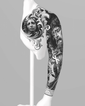 A Christian tattoo design featuring Jesus, Mary, and angels intertwined with ornate decorations. Crafted by APZ Tattoo in NYC, this design is suitable for full arm sleeve and chest tattoos, with a classic black and white realism style. Perfect for men seeking a unique religious tattoo.