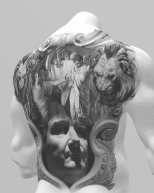 A Roman tattoo design featuring the Death of Julius Caesar by Neoclassical painter Vincenzo Camuccini, and a sculpture of Julius Caesar with lions, as well as various ornaments. Crafted by APZ Tattoo in NYC, this design is suitable for outer forearm tattoos, with a classic black and white realism style. Perfect for men seeking a unique roman tattoo.