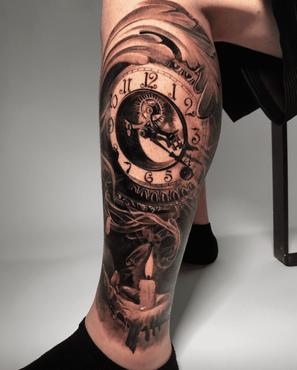 Tattoo of a clock and a candle on an outer calf in Black and White realism by APZ in New York, US.In New York, APZ is a skilled tattoo artist trained by some of the best tattoo artists in the world. He specializes in classic realism tattoos using a modern black and white style, focusing on connected designs and full sleeve tattoos that enhance his clients’ style. His clock and candle tattoo on outer calf speaks volumes with lifelike realistic details.
