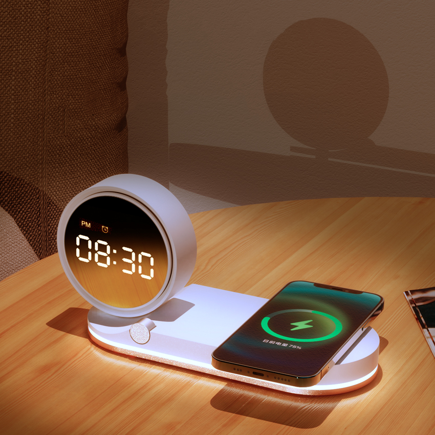 Hotsale Bedside Alarm Clock Charging Hub 3 in 1 Wireless Charger 15W with Night 