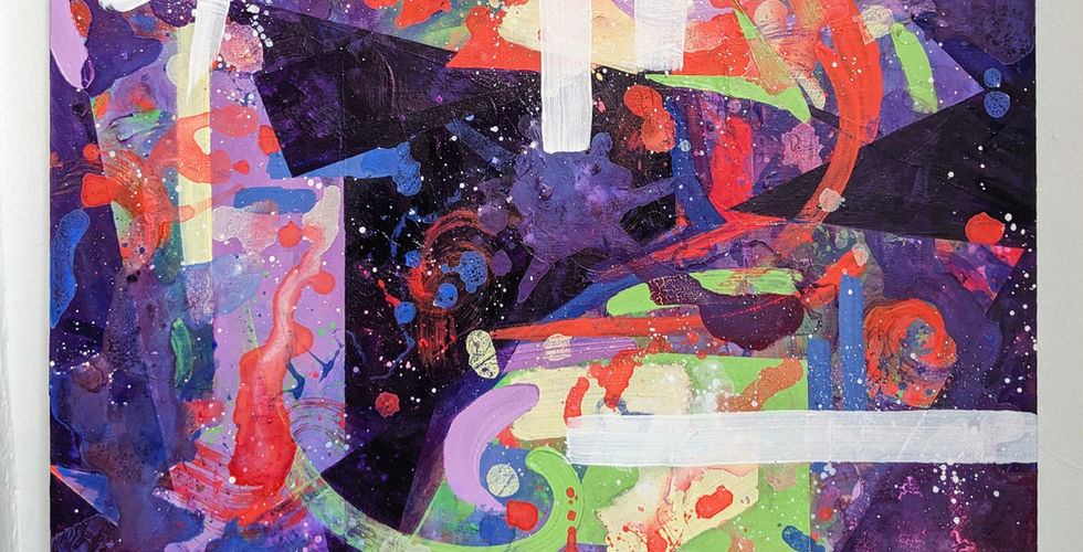 An abstract painting with fluid and geometric shapes in pastel shades of purple, orange, blue and green.