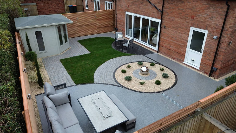 Drone view of modern low maintenance garden