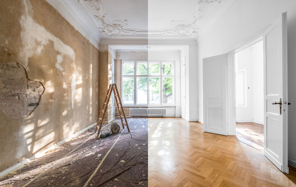 "Before and after of interior residential painting showing drywall repair and fresh white paint by a licensed painter near Redlands."
