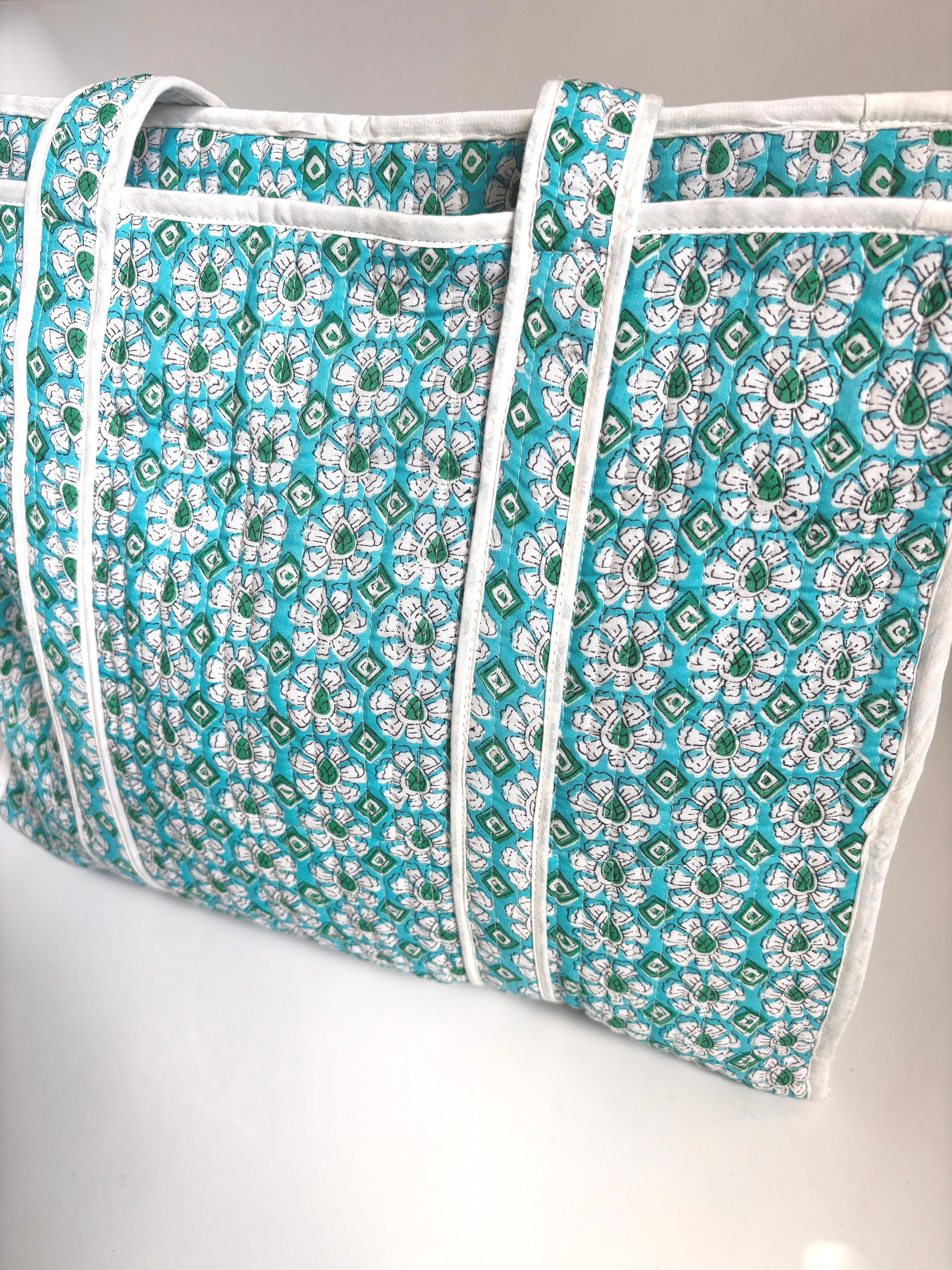 aqua retro daisy tote bag 