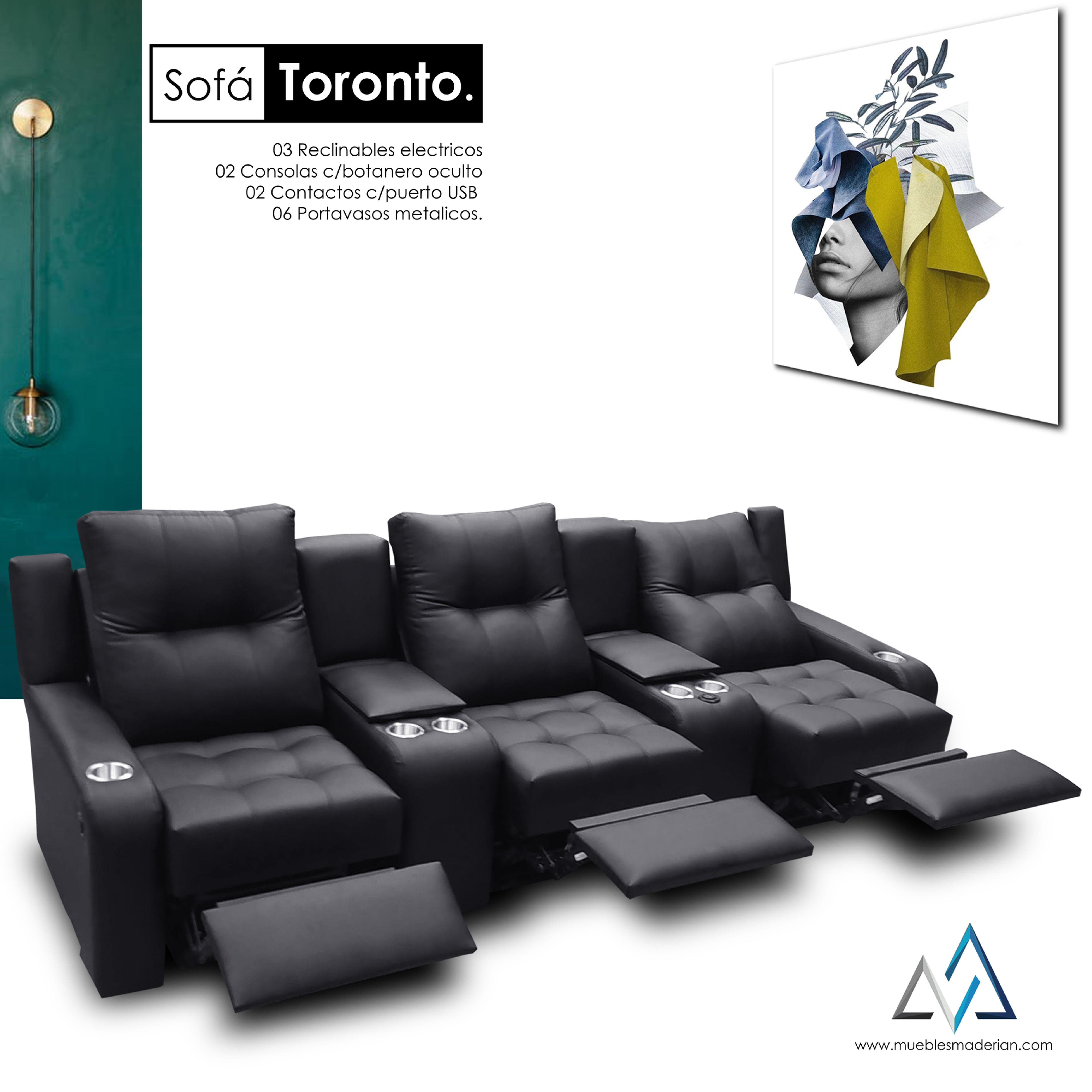 Sofá c/03 reclinables electricos modelo Toronto