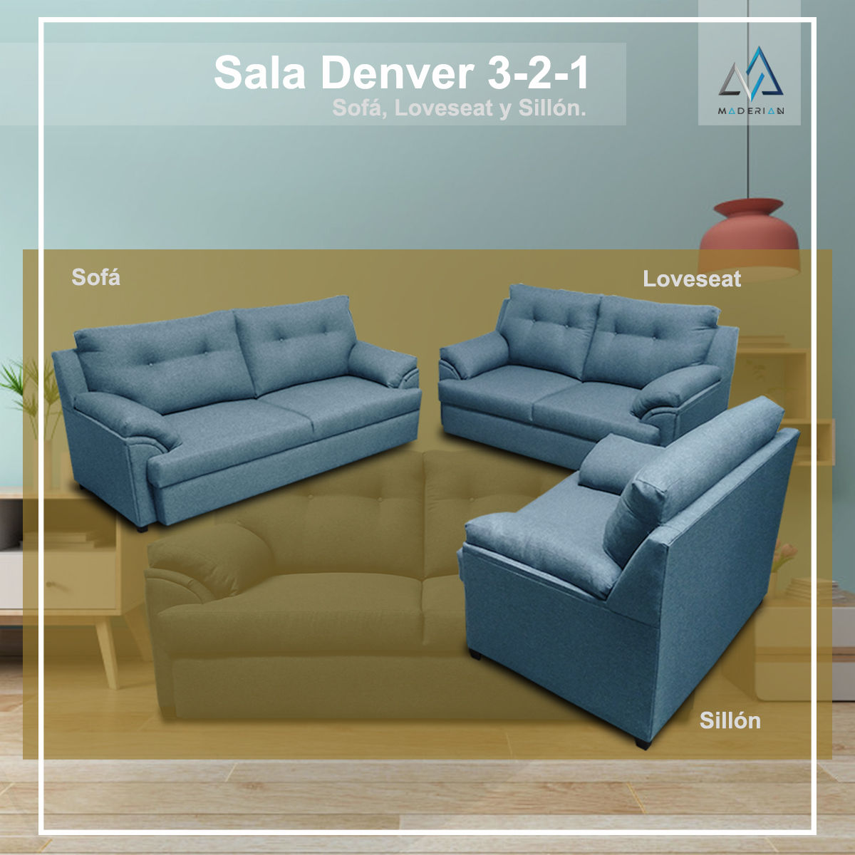 Sala Denver ( Sofá, Loveseat y sillón) Tela Michel Azul