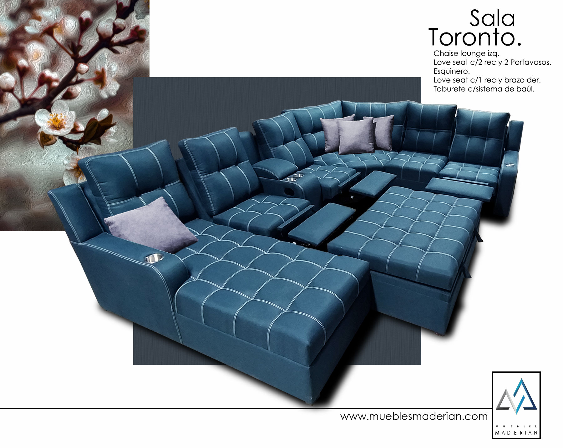 Sala modular Toronto con taburete y 3 reclinables