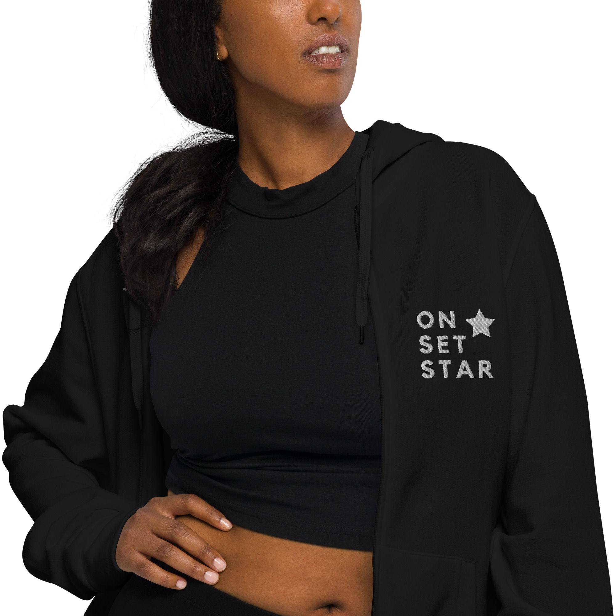 Female Model Style in Black Zipped Hoodie