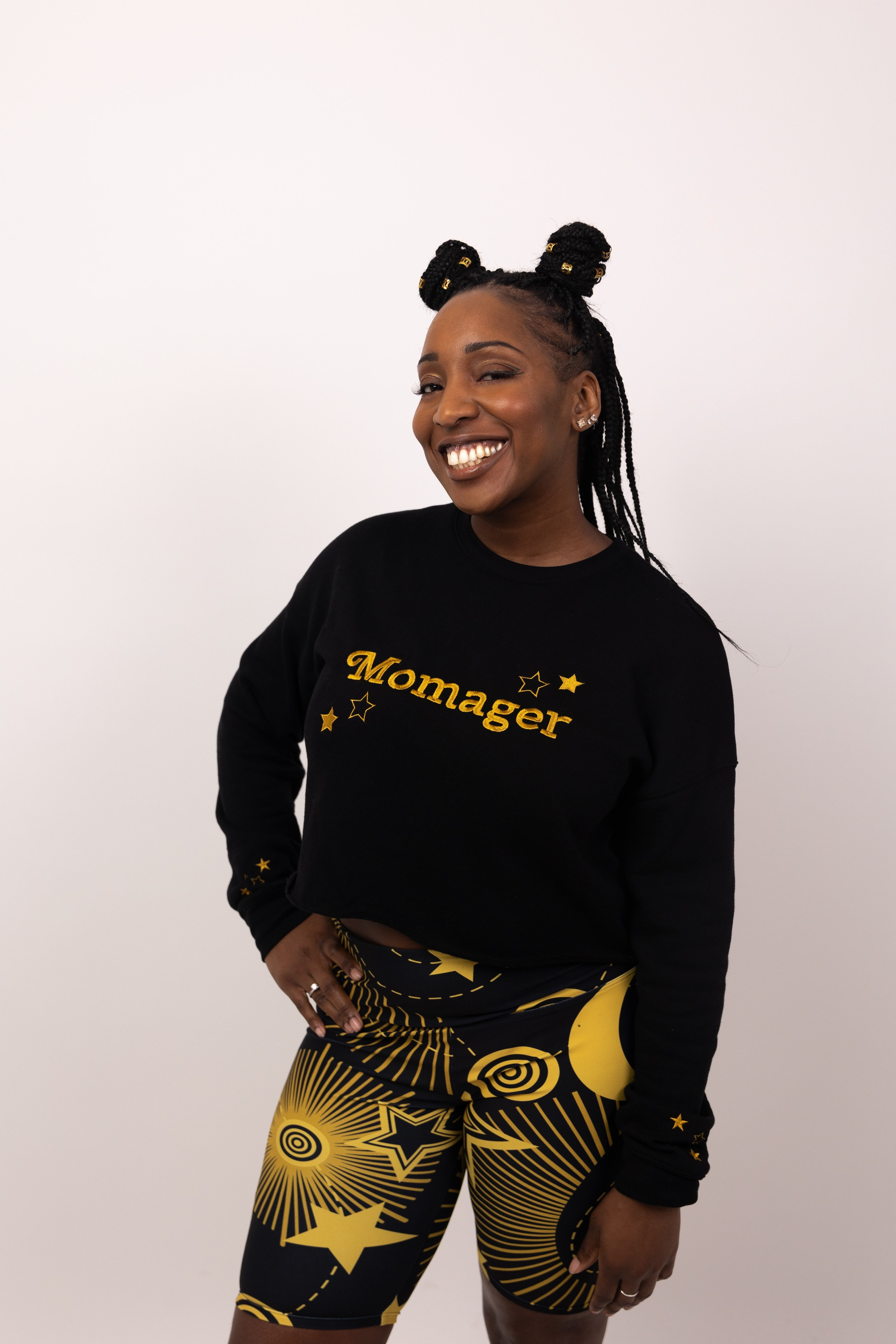 Front - Model 1 - Momager Cropped Sweatshirt in Black