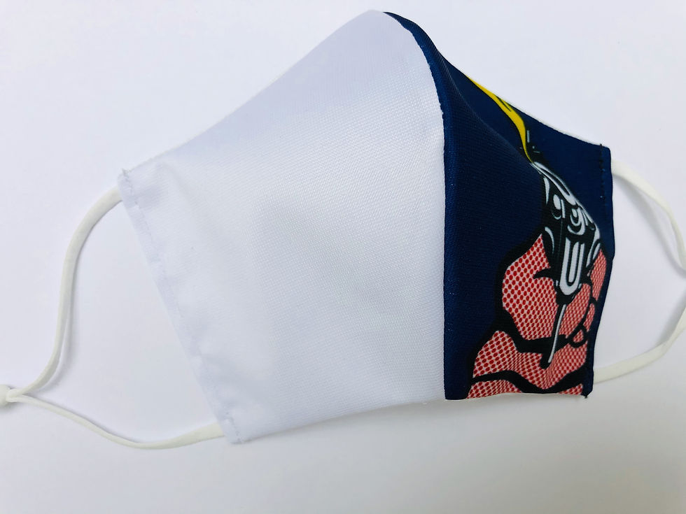 Thumbnail: Masque tissu imprimé pistolet façon Roy Lichtenstein / Pop Art version bleue