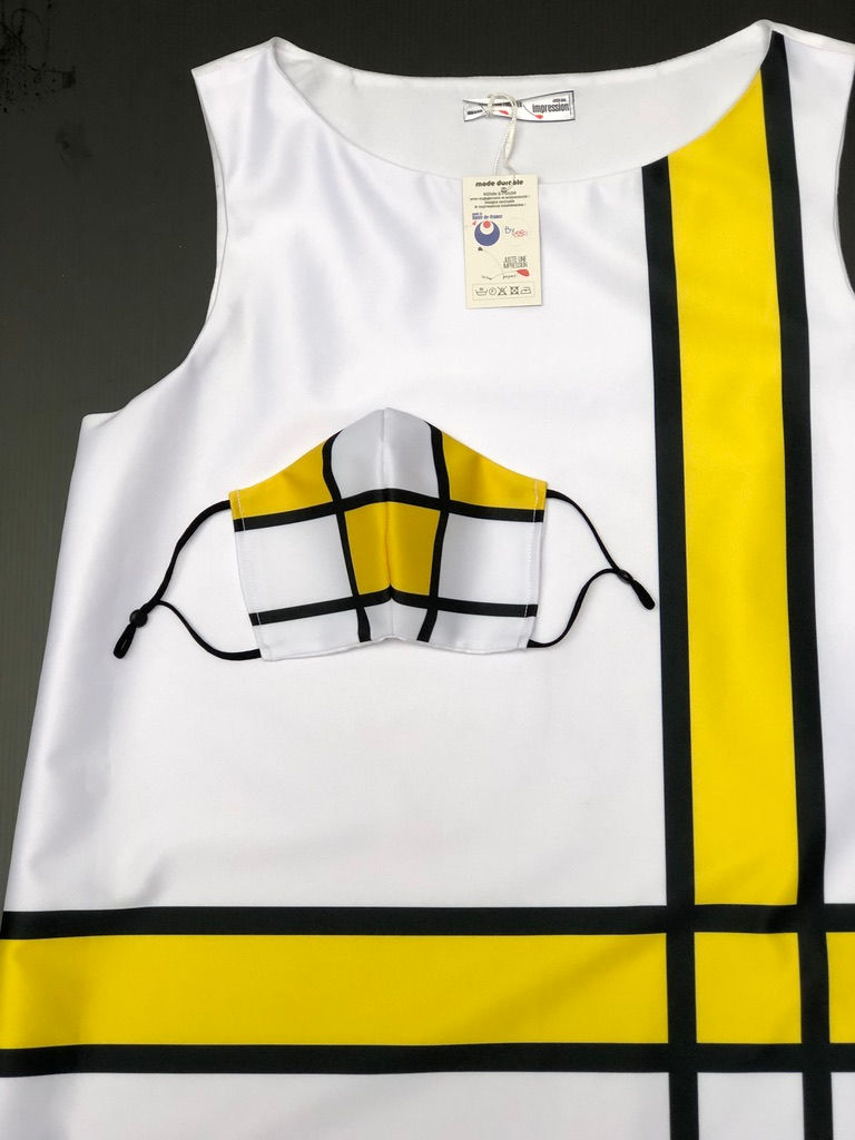 Thumbnail: Masque tissu design graphique Mondrian Jaune/blanc/noir