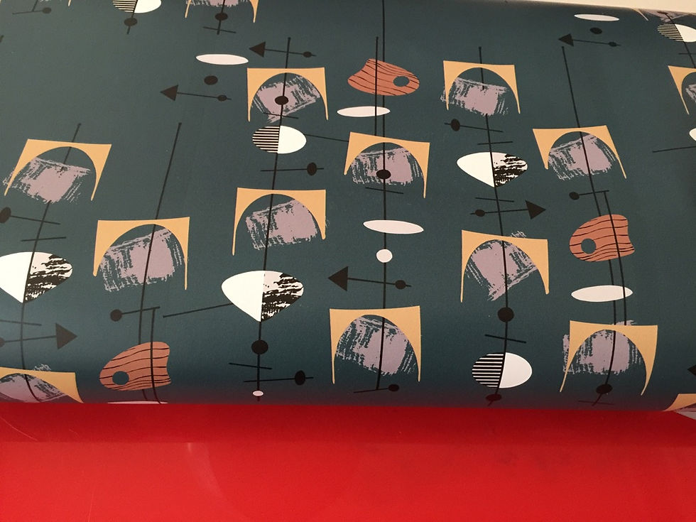 Thumbnail: Papier peint rétro/vintage motif mid-century fond bleu canard