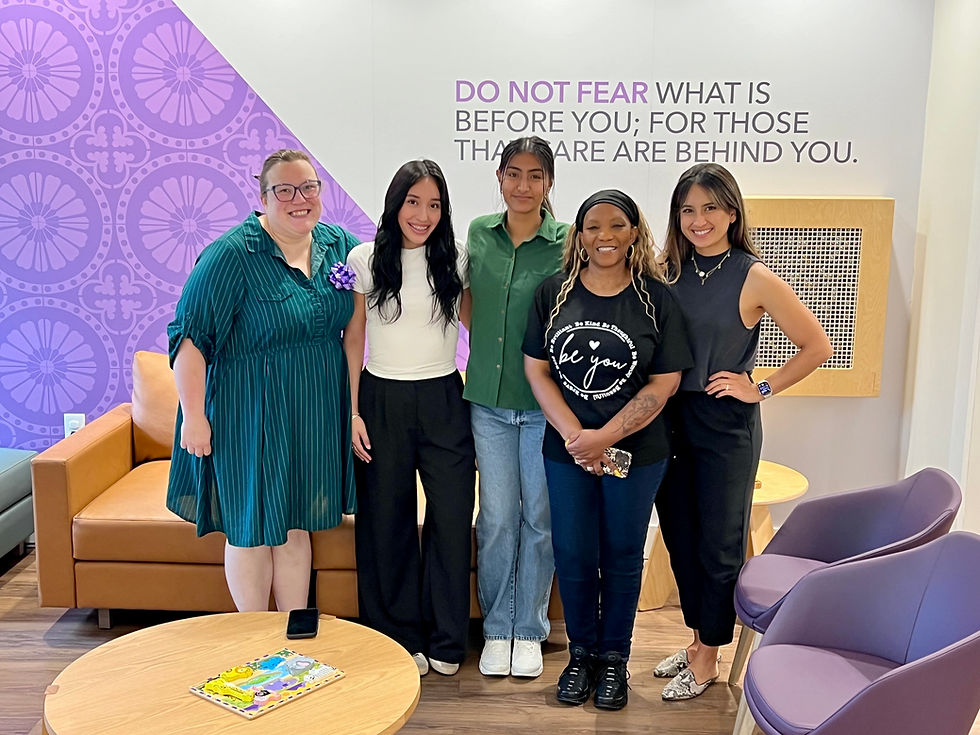 ACN Staff, Katie (Director of Outreach & Education, far left) and Anna Paola (Licensed Clinical Social Worker, far right) welcome their Citymester and Social Work interns during orientation. (interns from left to right: Kayla, Jaqueline, and Tonya)
