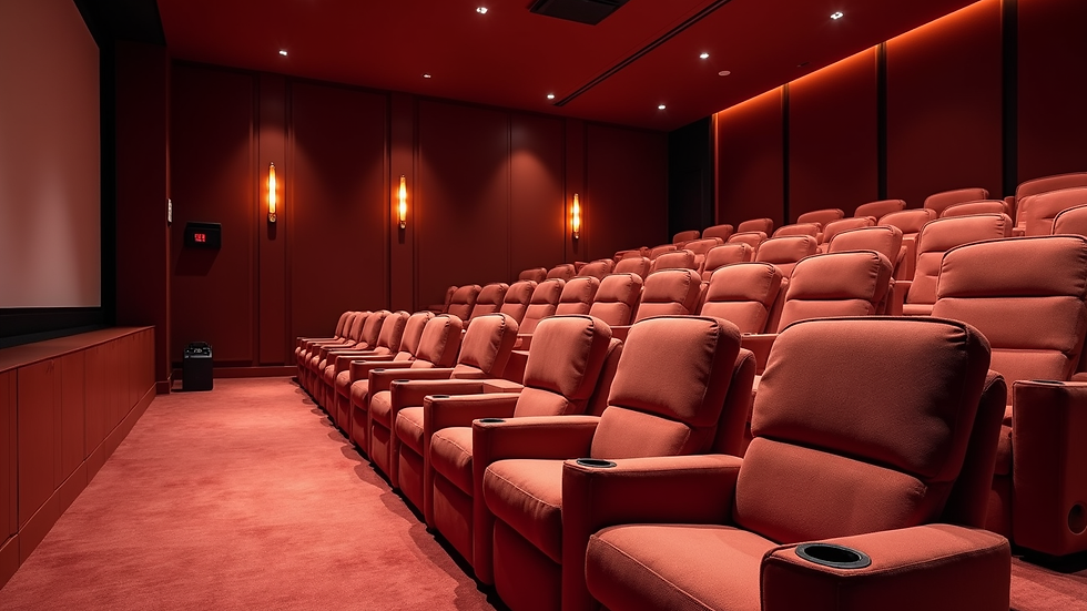 Wide angle view of a luxurious custom home theater room with plush seating