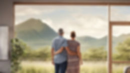 Create an image of a happy man and woman looking back at their new home in North Queenslan