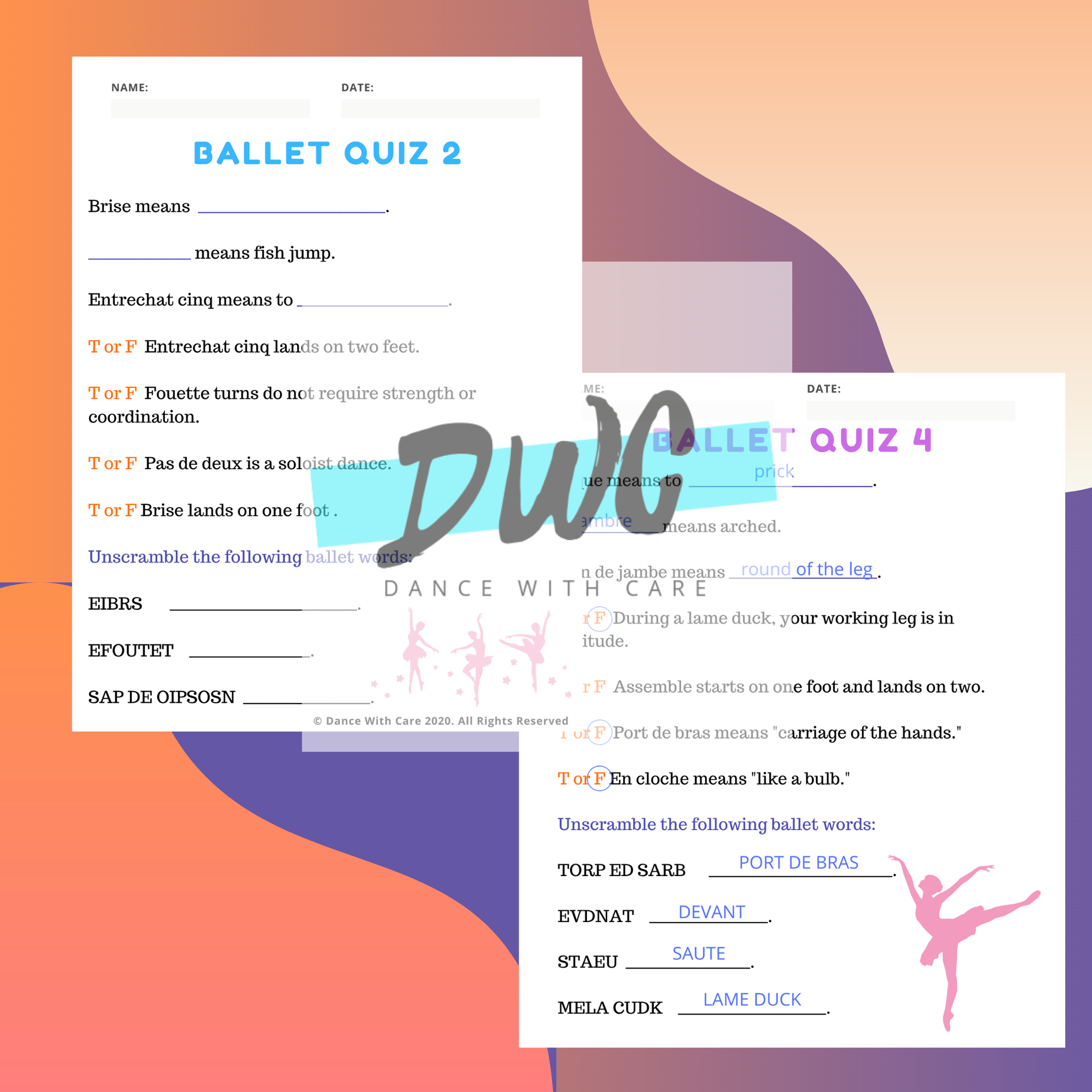 Advanced Ballet Quiz Pack 5 Quiz 5 Answer Sheets Dance With Care