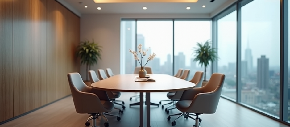 Professionals collaborating in a modern meeting room to improve workplace communication