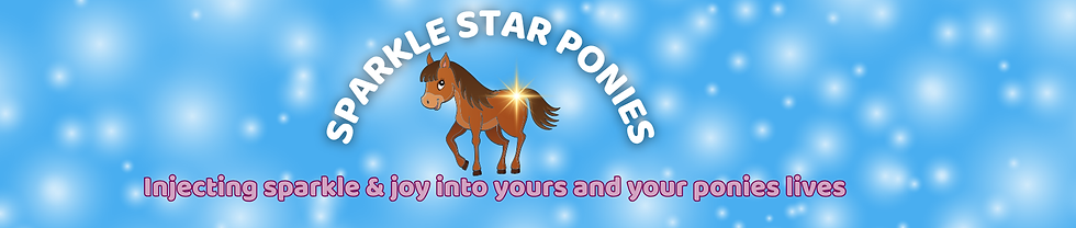 Business logo consisting of brand name sparkle star ponies and an image of a horse with a glitter sparkle indicating where the brand's glitter stencil kits should be used.