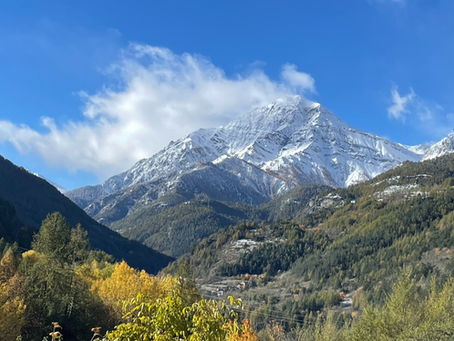 The Mountains of Sauze d'Oulx and the Via Lattea in summer, with green trees and the snowcapped Chaberton mountain on the border of Italy and France.