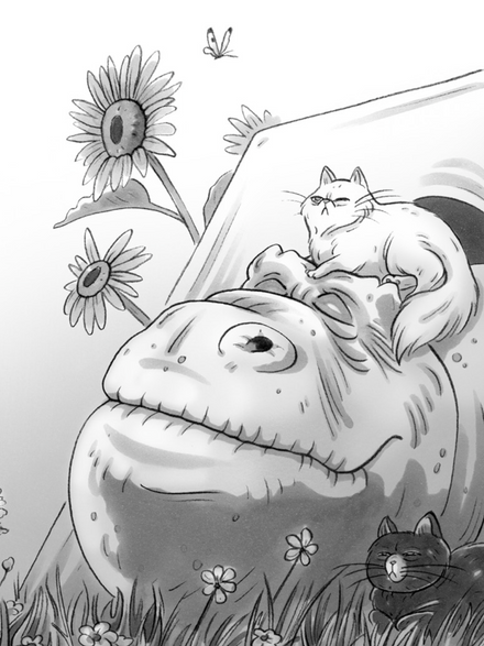 Illustration: schlafender Trex mit Katzen im Zelt