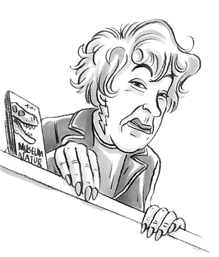 Illustration strenge Museums-Eintrittskartenverkäuferin