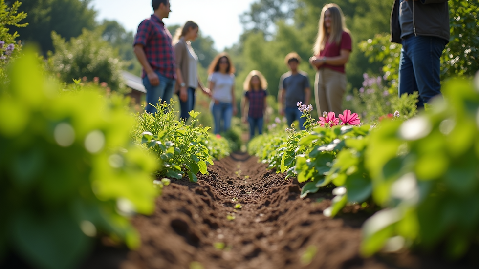 Eye-level view of a community garden with diverse plants and people working together