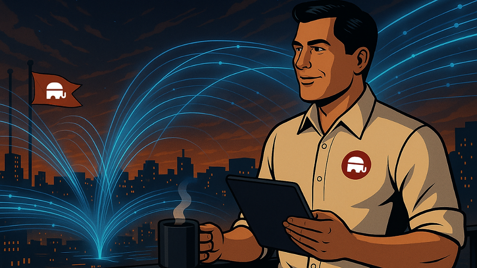 Man in a shirt holds a tablet and coffee mug, standing on a balcony at sunset. Blue digital lines arc above city skyline. Flag with elephant.