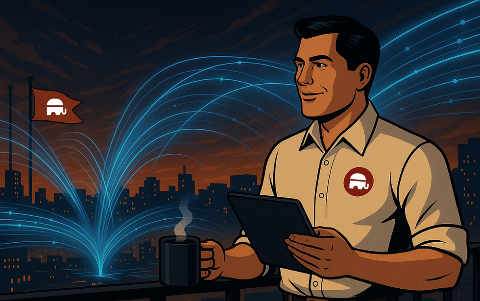 Man in a shirt holds a tablet and coffee mug, standing on a balcony at sunset. Blue digital lines arc above city skyline. Flag with elephant.