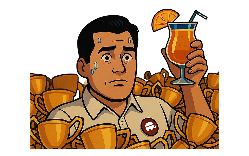 Man surrounded by gold trophies, holding a cocktail with orange slice, sweating, wearing a shirt with a badge. Mood is anxious.
