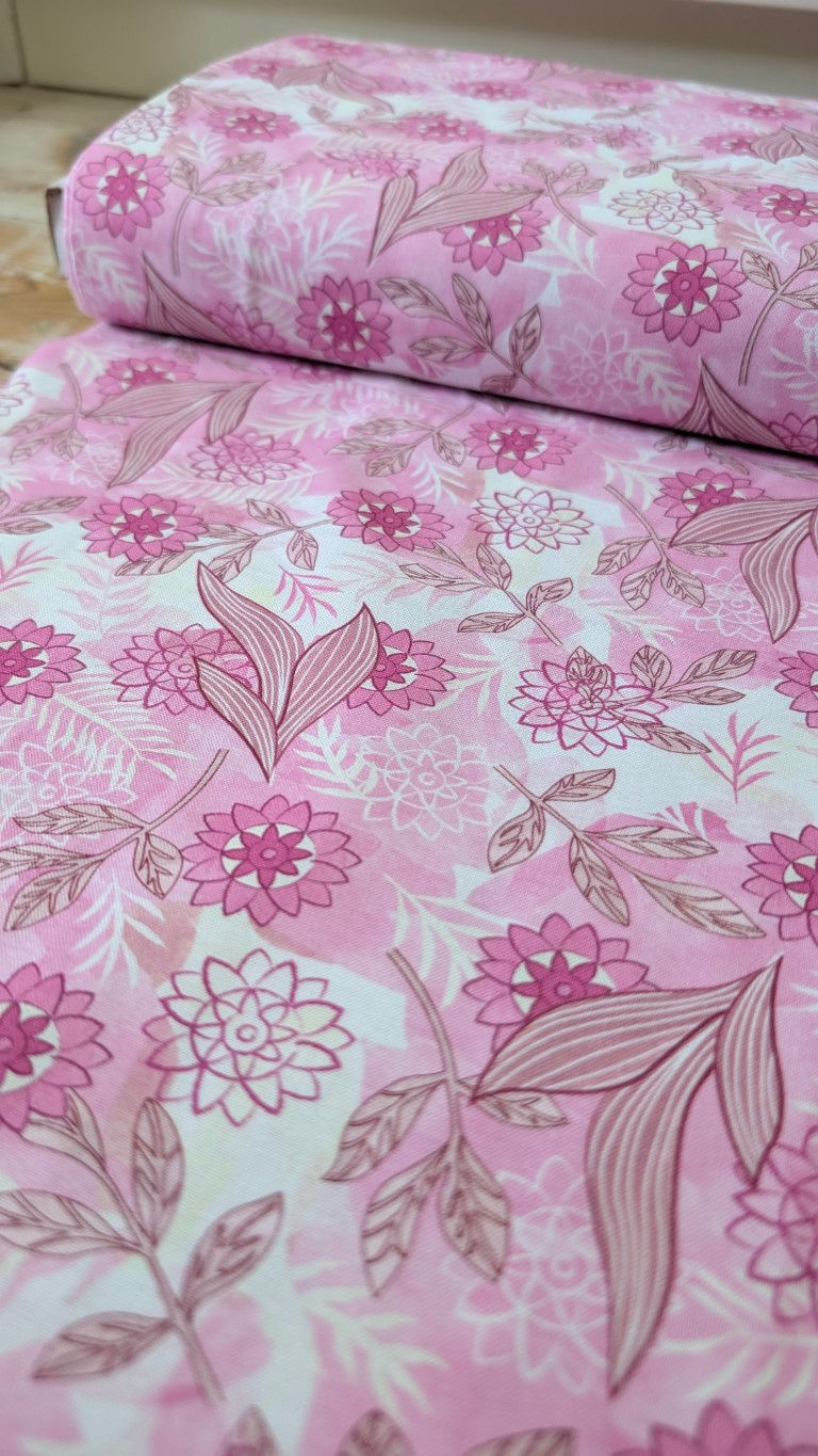 Thumbnail: Pink floral fabric featuring various flower sketches for sewing projects background